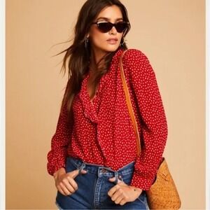Rolla's Lily Blouse Red Print Blouse Long Sleeve Tie Neck‎ Top Small